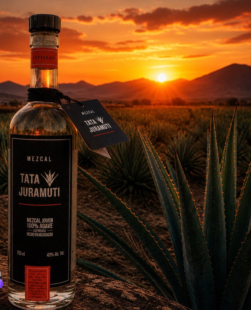 Botella de Mezcal Tata Juramuti al atardecer, frente a un campo de agave