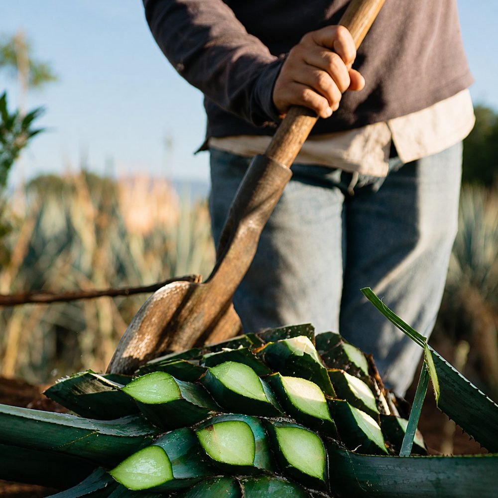 Jimador cortando las pencas de un agave maduro recién cosechado, preparando la piña para el mezcal Tata Juramuti